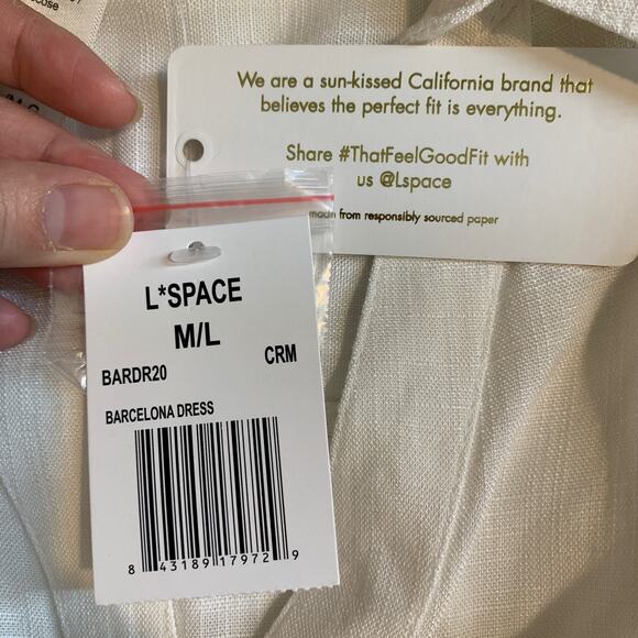 L Space Dress Women M Medium Cream Barcelona Tie Waist Collar Button Front - Picture 13 of 16